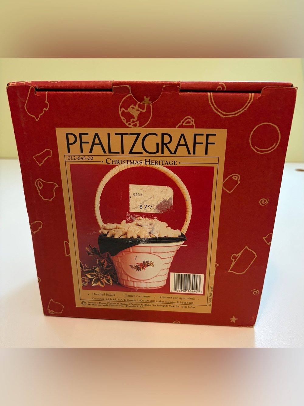 Vtg Pfaltzgraff Christmas Heritage Handled Basket #012-645-00 Rare 1994 Holiday